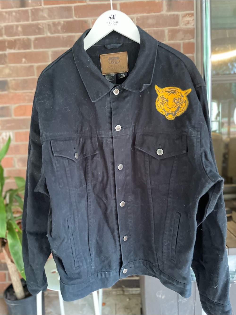 Route 66 Black Denim Jacket with Yellow Tiger Print Medium #132